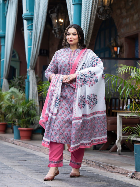 Women Plus Size Grey Pure Cotton Kurta Set With Dupatta